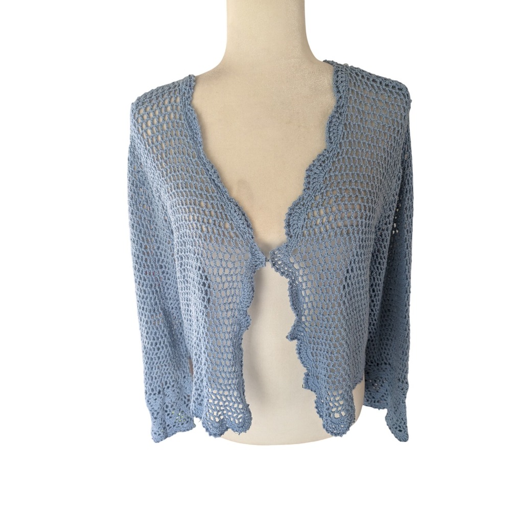 RQT Womens L Blue Crochet Knit Cardigan Scalloped Cropped Sweater Ramie Cotton